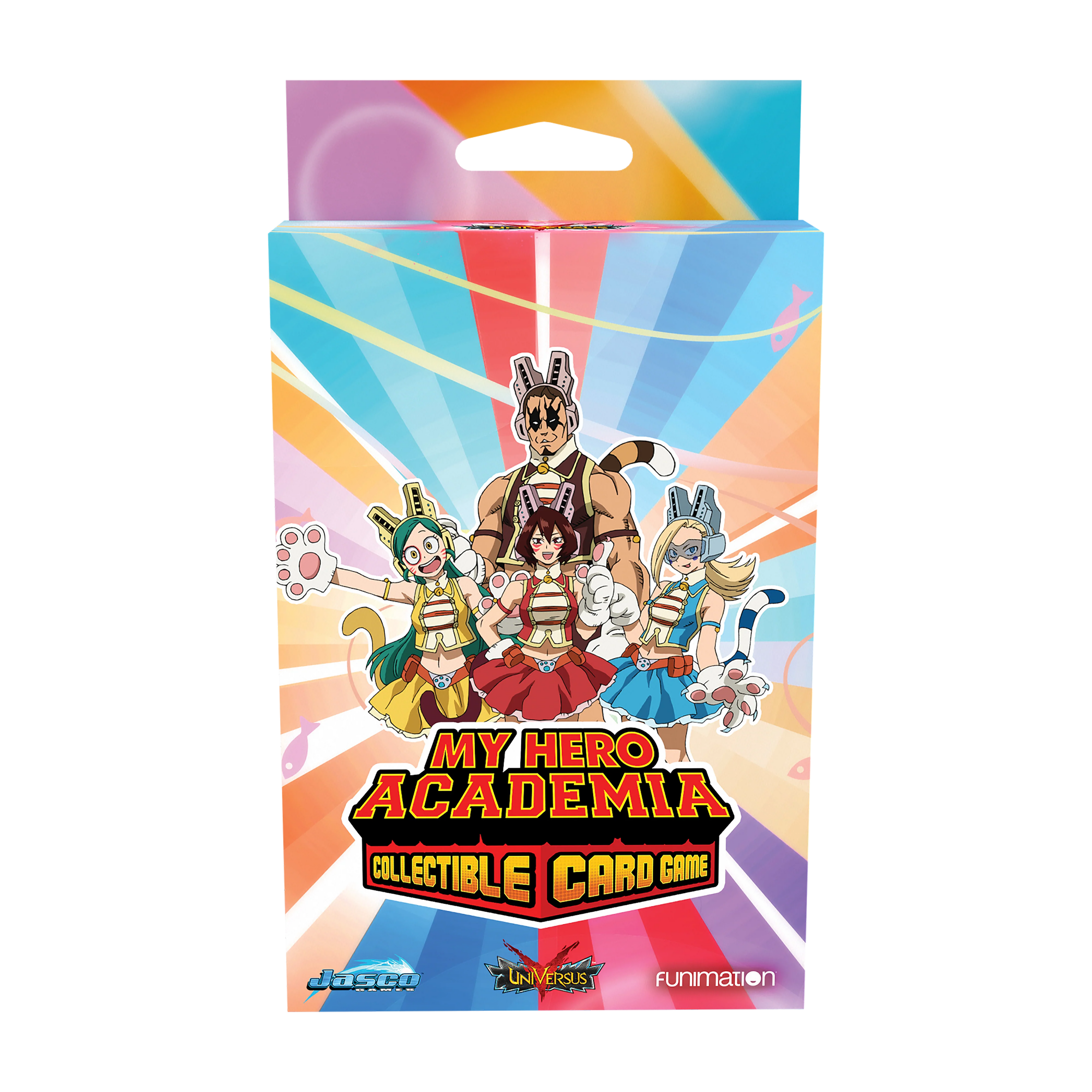 My Hero Academia collectible card game packaging with colorful design and character illustration.