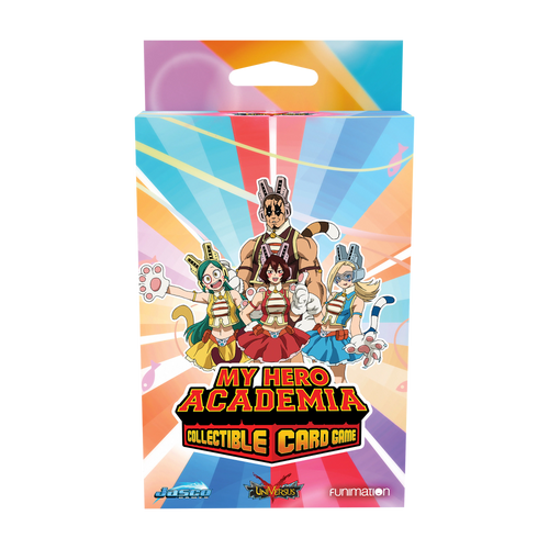 My Hero Academia collectible card game packaging with colorful design and character illustration.
