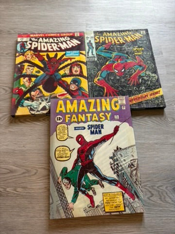 Three Spider-Man Marvel Comic Style Canvas Art Frames. arranged on a light wood floor. One comic is in the foreground, and two are stacked behind it.