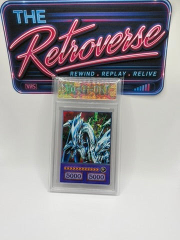 A Yu-Gi-Oh! trading card graded in a clear plastic slab, displayed in front of a large retro neon-style sign that reads 'THE Retroverse' with 'Rewind Replay Relive' and 'VHS' text.
