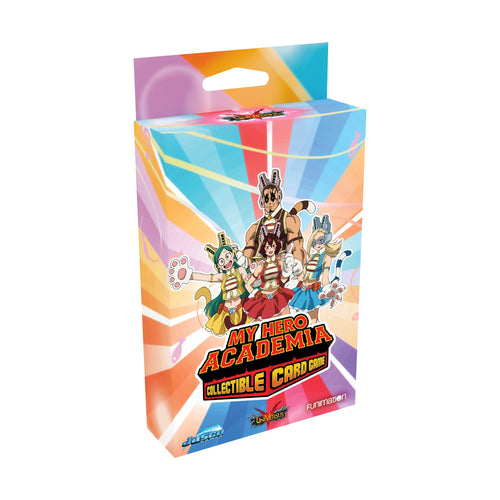 My Hero Academia collectible card game packaging with colorful design and character illustration.
