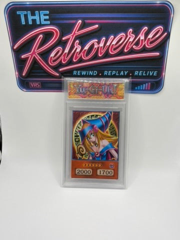 A Yu-Gi-Oh! trading card inside a clear protective slab, displayed in front of a large neon-style sign reading 'THE Retroverse' on a white background.