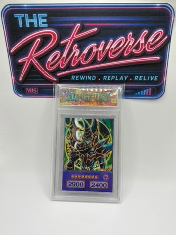 A Yu-Gi-Oh! trading card in a clear protective slab, displayed in front of a colorful 'The Retroverse' sign. The card features Dark Paladin.