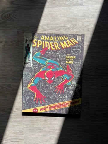 A Amazing Spider-Man comic book #100 Canvas Art lying on a gray wood floor, captured in dramatic diagonal sunlight and shadow.
