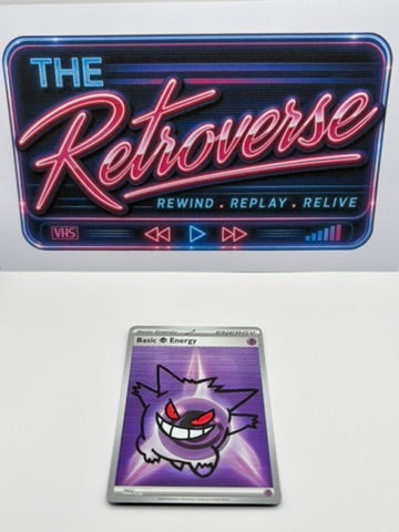 A retro-themed neon sign above a Gengar Pokémon trading card on a white background. The sign reads 'THE Retroverse' with playback controls and the words 'REWIND .