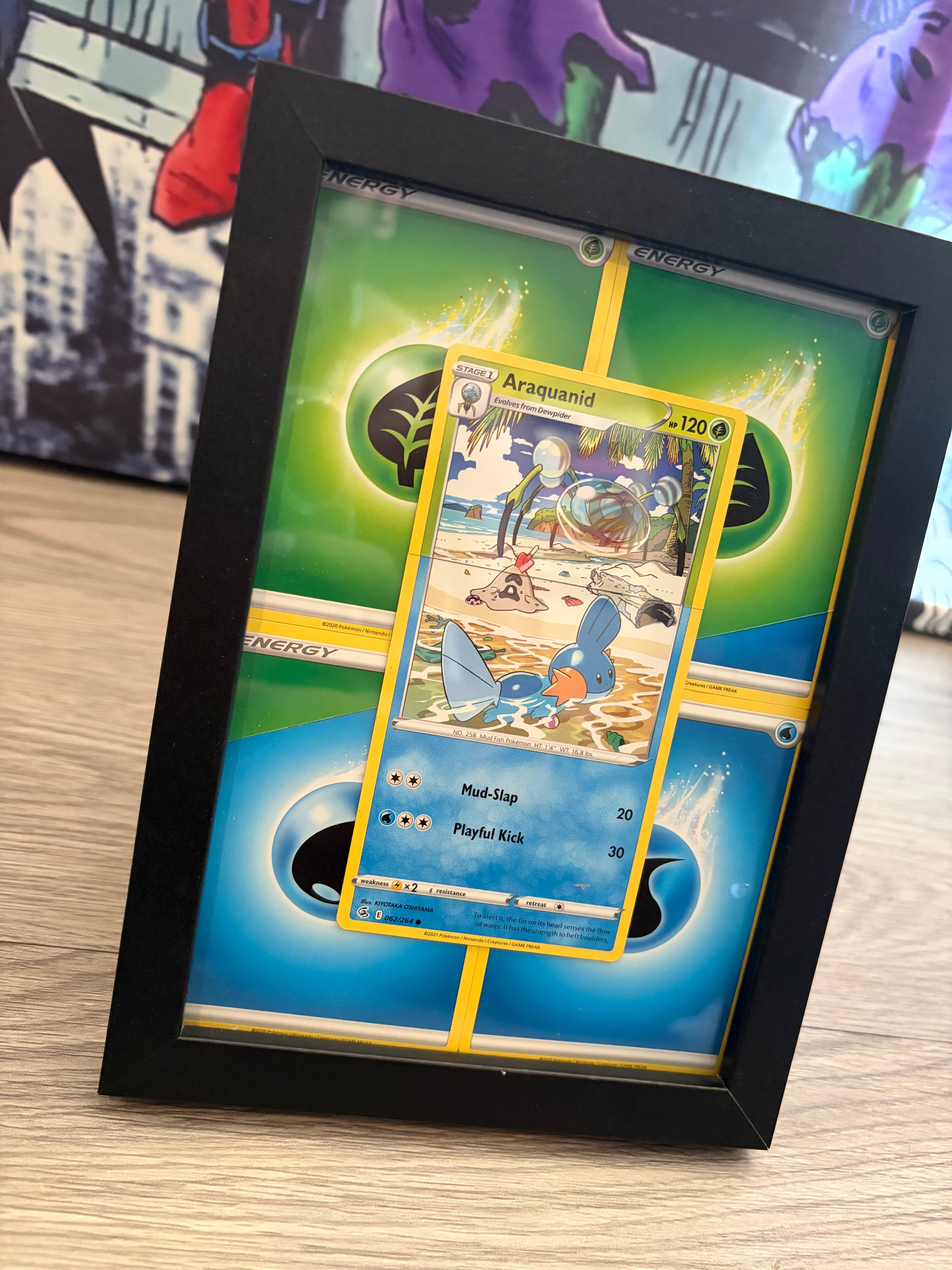 Framed Pokémon Araquanid & Mudkip Connecting Art Card Display | Water-Type Collector's Wall Art UK