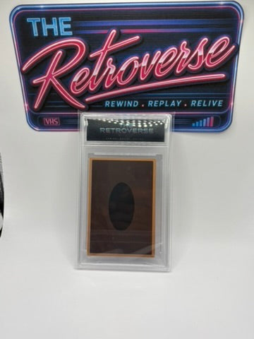 A retro-style collectible display featuring a clear plastic case holding a small brown rectangular sample with a dark oval center, placed in front of a large neon-style sign that reads 'THE Retroverse' and 'REWIND . PLAYLIST .