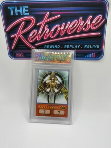 A sealed Yu-Gi-Oh! trading card inside a clear protective case, displayed in front of a colorful sign that reads 'The Retroverse' with the words 'Rewind. Replay.