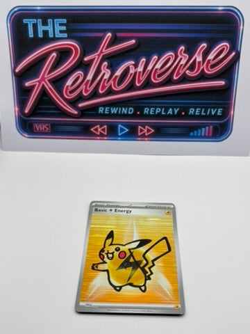 A Pokémon trading card featuring Pikachu on a yellow background, placed below a decorative sign that reads 'THE Retroverse' with retro media controls.