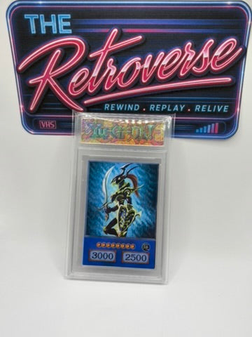 A Yu-Gi-Oh! trading card in a clear protective slab, displayed in front of a branded 'The Retroverse' sign. The card features the character Black Luster Soldier.