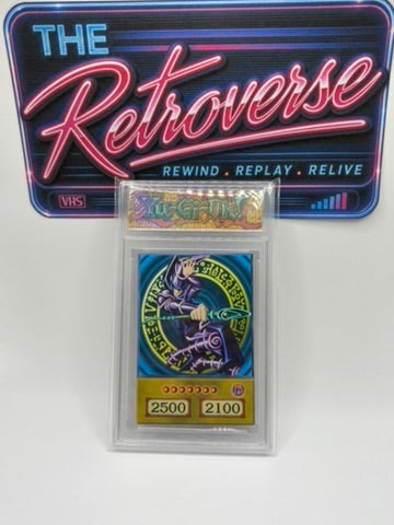 A collectible Yu-Gi-Oh! trading card inside a clear plastic slab, displayed in front of a branded VHS-style cover reading 'The Retroverse' with the text 'Rewind Replay Relive.' The card features a blue and purple character illustration with gold score boxes at the bottom.