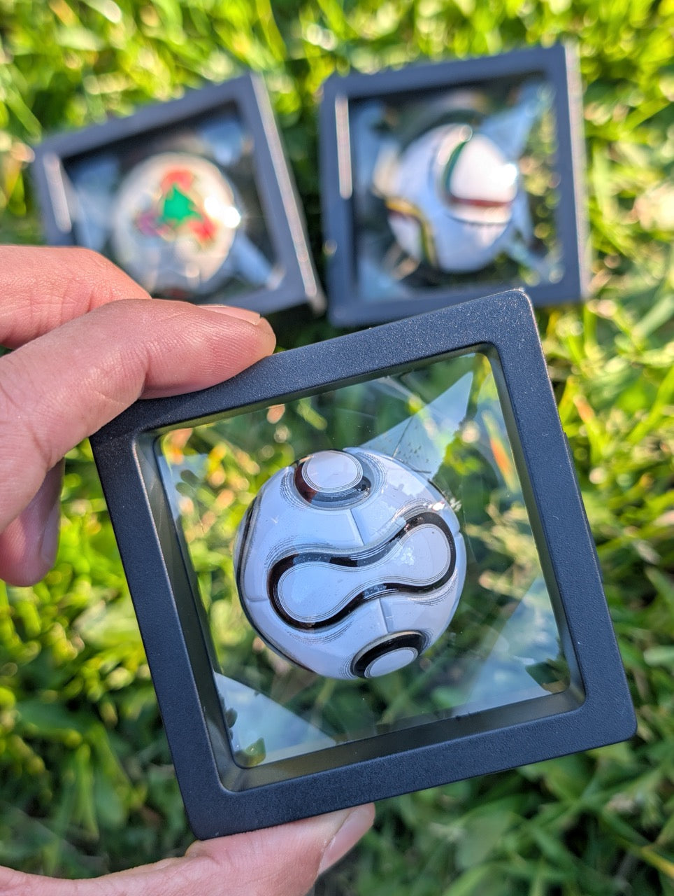 Hand holding a clear display case with a decorative ball against a grassy background