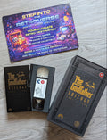 VHS tapes and a promotional card for 'The Godfather' trilogy on a wooden surface.