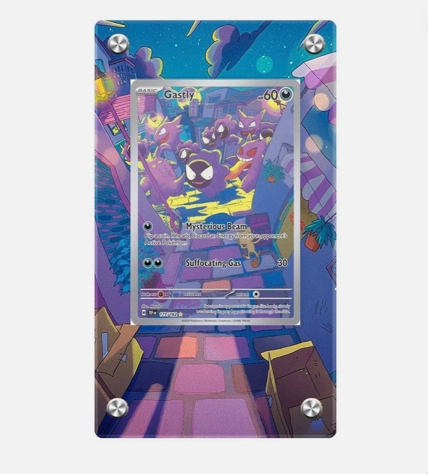 Pokémon trading card in a colorful display case
