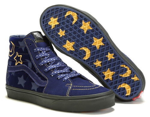 Blue high-top sneakers with gold star and moon patterns on a white background